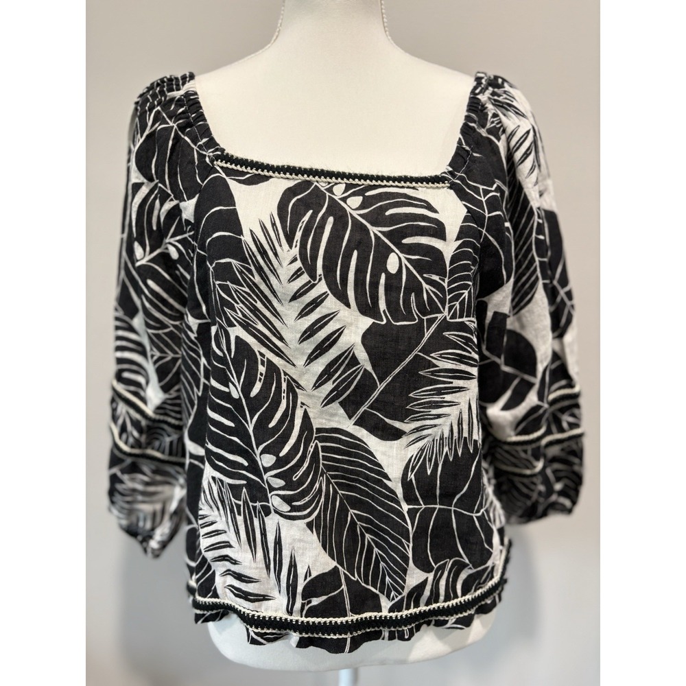 Cynthia Rowley Women's 100% Flax Linen Top Womens L Square Neckline Puff Sleeves